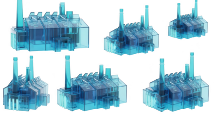 Blue glass factory models in various sizes showcasing industrial structures and concepts on a white background suitable for architecture visualization