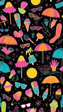 Colorful summer themed pattern featuring beach umbrellas, sunglasses, ice cream, sun, and other vacation elements on a black background.