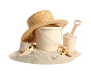 Children's beach toys isolated on white, top view