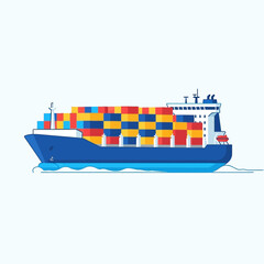 Cargo ship carrying containers sails on water against a white background.