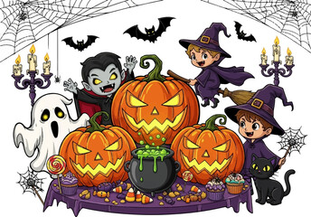 Halloween Party with Cute Monsters, Pumpkins, and Spooky Decorations