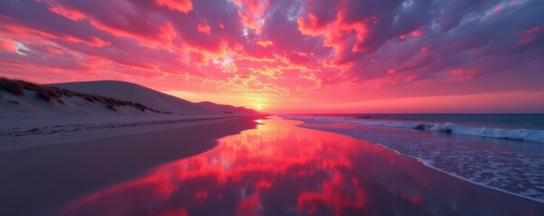 Crimson sky reflects on wet sand, dunes sculpted by wind and tide , ocean, waves, intense