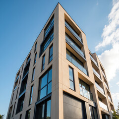 Modern architectural design showcases stylish building with large windows and sleek facade, reflecting contemporary aesthetics and urban living