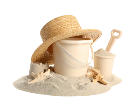 Children's beach toys isolated on white, top view