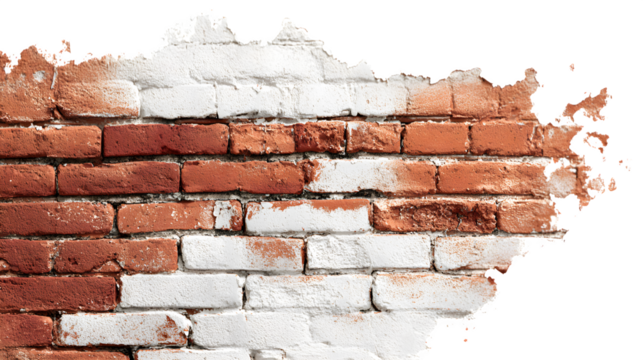 Faded painted brick, peeling white paint on red brick, isolated on Transparent background