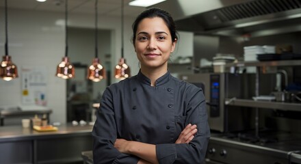 Confident Female Chef Posing in Modern Restaurant Kitchen, Arms Crossed, Smiling at the Camera with a Professional Demeanor