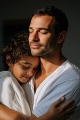 Tender moment between hispanic adult male and young girl in soft light