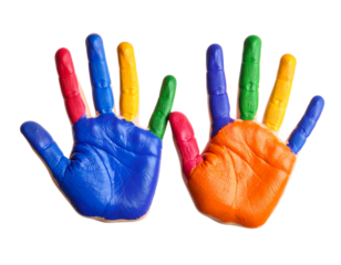 Child's hand painted watercolor in heart shape against white background