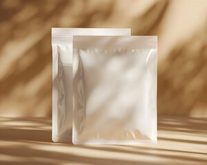 Packaging in Nature's Embrace: Two sleek pouches stand against a backdrop of sun-dappled textures, showcasing a modern, minimalist aesthetic.