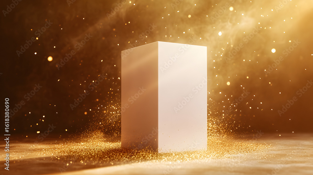 Poster golden dust cube: a pristine, gleaming cube stands majestically in the heart of a swirling vortex of
