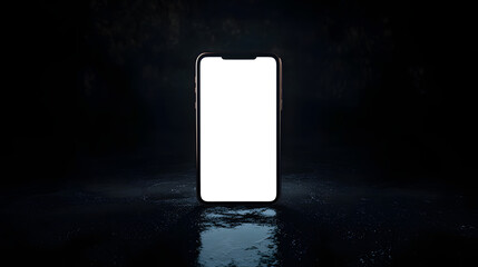 Modern Smartphone on Dark Surface: A sleek, modern smartphone stands upright, its blank screen glowing softly against a textured, dark surface, inviting a sense of sleek design.
