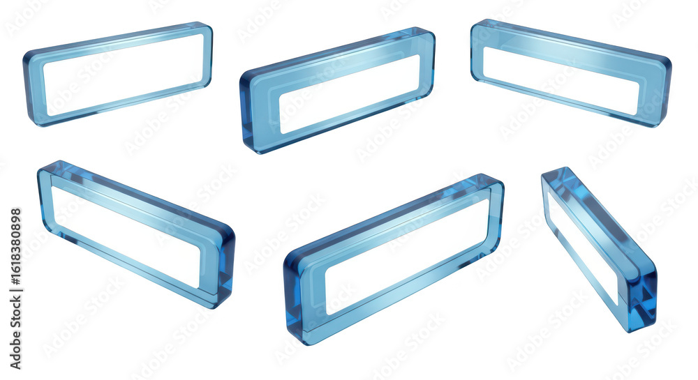 Poster group of 3d transparent blue rectangles with white blank spaces floating on a white reflective surfa