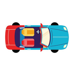 Colorful car top view with red blue yellow and purple sections.