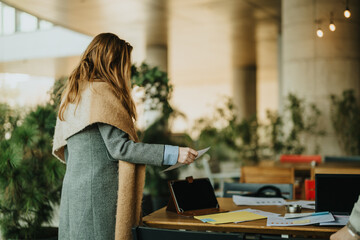 A modern workspace with a woman sorting through paperwork on a desk featuring a laptop including...