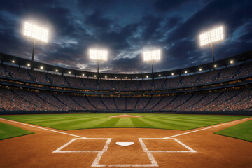 Exciting night game at a baseball stadium with bright lights and cheering crowd on the field in full view