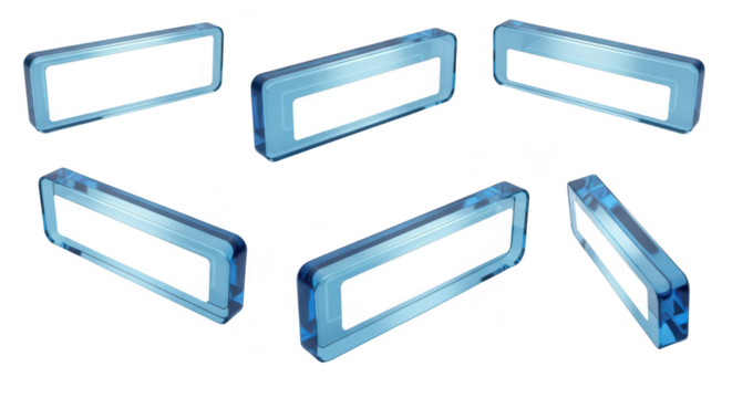 Group of 3D transparent blue rectangles with white blank spaces floating on a white reflective surface suitable for advertising or design elements