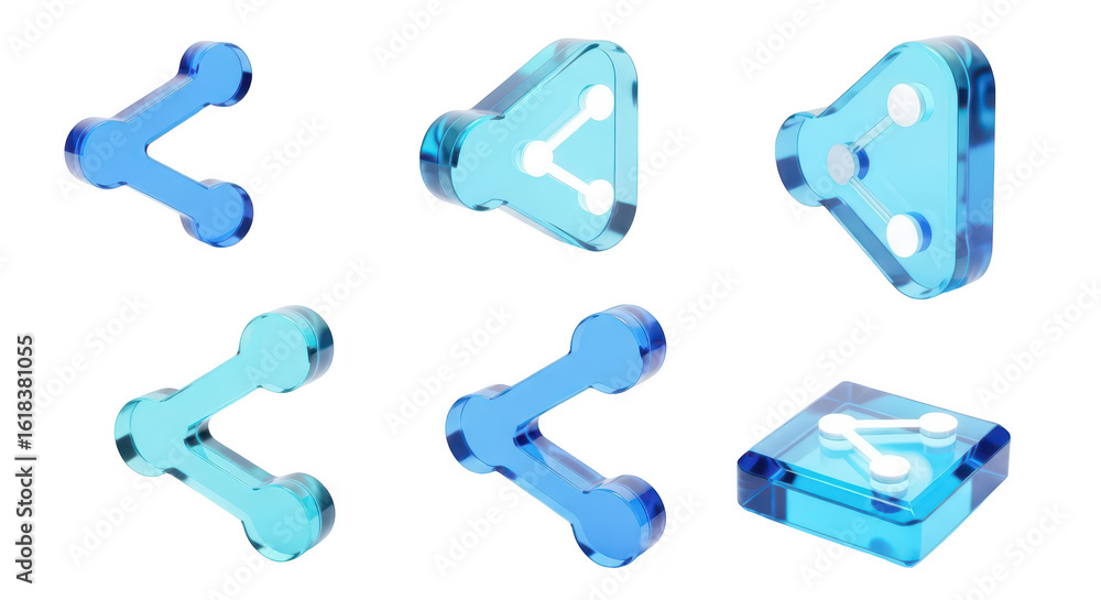 Poster blue 3d glass share icons varying angles arranged on a reflective white surface used for web app and