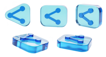 Various perspectives of translucent blue share icons displayed on a white studio background for web design or social media communication