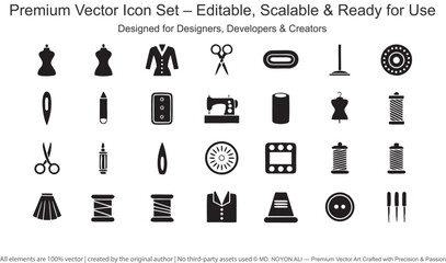 Sewing and tailoring icon set with dress forms and scissors