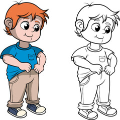 Niño acomodándose la ropa, dibujo a color y en blanco y negro.