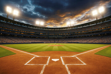 Night game at a baseball stadium with dramatic sky and stadium lights illuminating the field and fans