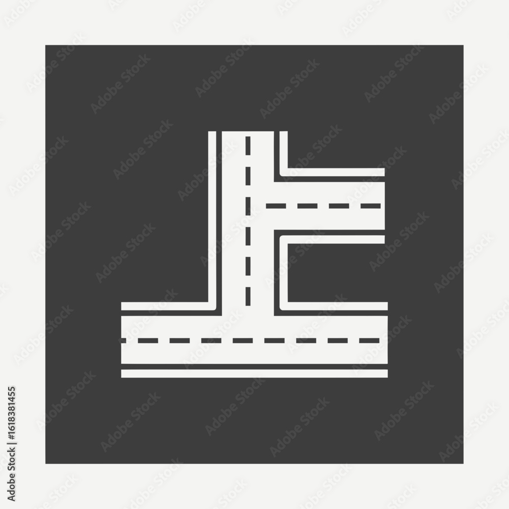 Poster road intersection graphic with white lines on dark gray background in square format.