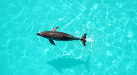 A dolphin gracefully swimming in turquoise water.
