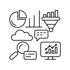 Data Analysis and Business Intelligence Line Icons – Chart, Filter, Database, Pie Graph, Bar Graph, Communication, and Technology Symbols Collection