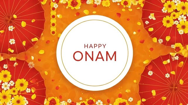 Festive Onam celebration background featuring a traditional pookalam floral arrangement, red parasols, and a greeting on a vibrant orange backdrop.