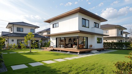 Modern japanese house with deck and lawn on a sunny day in a residential neighborhood near tokyo, japan  houses, modern, japanese, japan, home, architecture, exterior, residence, residential, building