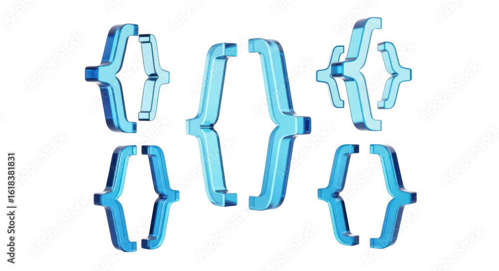 Aufkleber several bright blue curly braces float and reflect within a bright and futuristic virtual space used