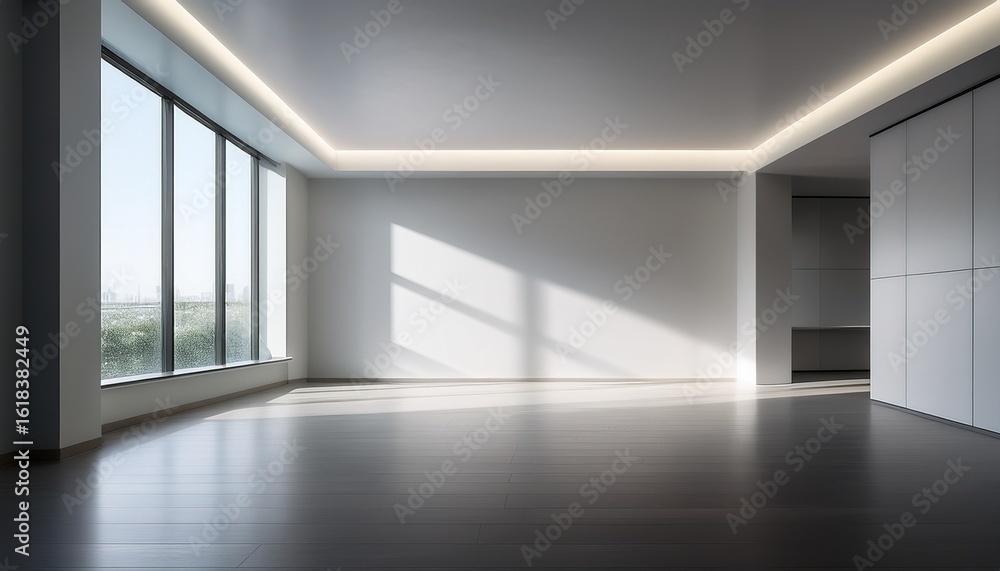 Poster empty minimalist room with smooth surfaces and soft lighting creating a serene atmosphere for relaxa