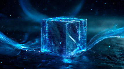 Glowing blue digital cube floats in cosmic cyberspace, surrounded by luminous waves and sparkling particles, symbolizing futuristic data technology.