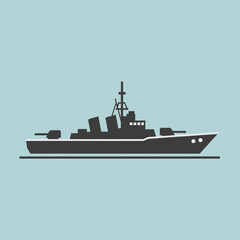 Obraz premium Silhouette of a warship or naval vessel against a light blue background.