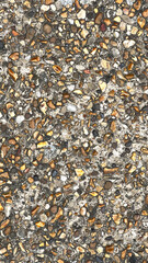 A close-up view of a concrete sidewalk, showcasing the diverse textures of small, colorful stones embedded in the surface. The setting is in an urban area, illuminated by sunlight