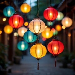 Fototapeta premium Colorful lanterns illuminate narrow streets during a festival in Hoi An, Vietnam, creating a vibrant display of light and culture after dusk, adding a festive atmosphere colorful, hoi, vietnam, asia, 
