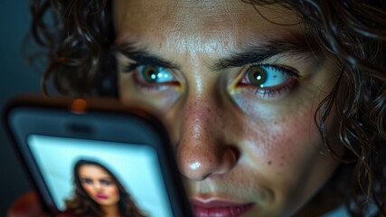 Focused female gazing at smartphone image with intense expression