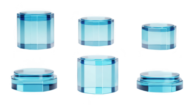 Blue glass podiums on a white surface showcase product presentation minimalist aesthetic studio lighting
