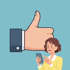 Woman uses phone with thumbs up symbol on blue background.
