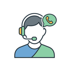 Person with headset and microphone in speech bubble with phone icon.