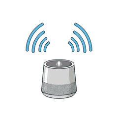 Wireless speaker with sound waves illustration on a white background.