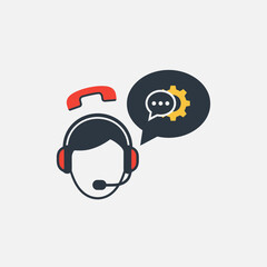 Headset wearing person with speech bubble and phone receiver icon on white background.