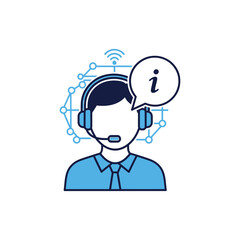 Person with headset and information icon surrounded by network connections on black.