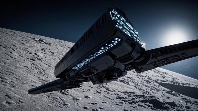 Huge space shuttle docked on surface of moon or asteroid under sunlight - sci-fi interplanetary transport and space industry concept