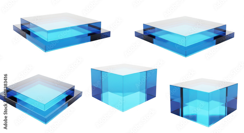 Poster multiple angled shots of translucent blue glass cubes stacked on a light background showcasing a mod