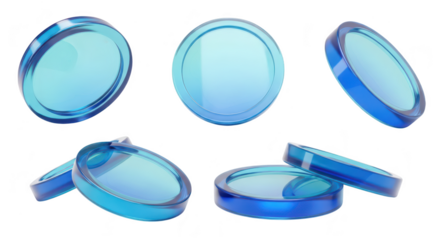 Transparent blue coins floating isolated on a clean white background depicting financial transactions or digital currency concepts
