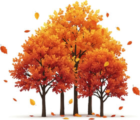 Autumn Trees in Full Bloom with Falling Leaves on White Background