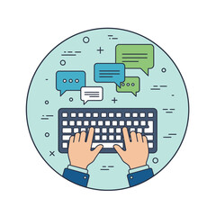 Hands typing on a keyboard with speech bubbles in a circular frame.