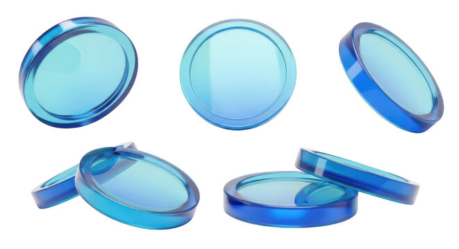 Transparent blue coins floating isolated on a clean white background depicting financial transactions or digital currency concepts