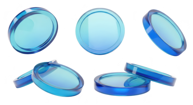 Transparent blue coins floating isolated on a clean white background depicting financial transactions or digital currency concepts